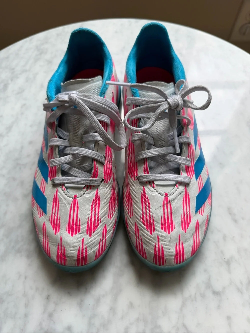 adidas Kids INDOOR soccer cleats with Pink Pattern and Blue Accents